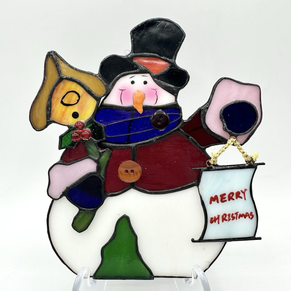 Vintage Stained Glass Snowman Hanging Decor Window Suncatcher Merry Christmas